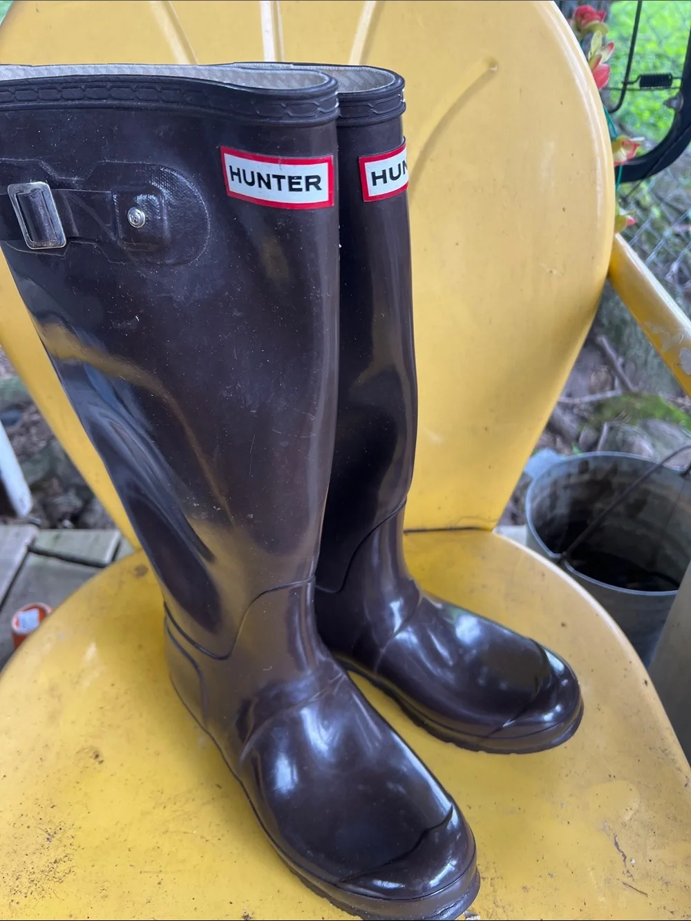 Hunter Gloss Tall Rain Boots in Dark Brown - Picture 1 of 4